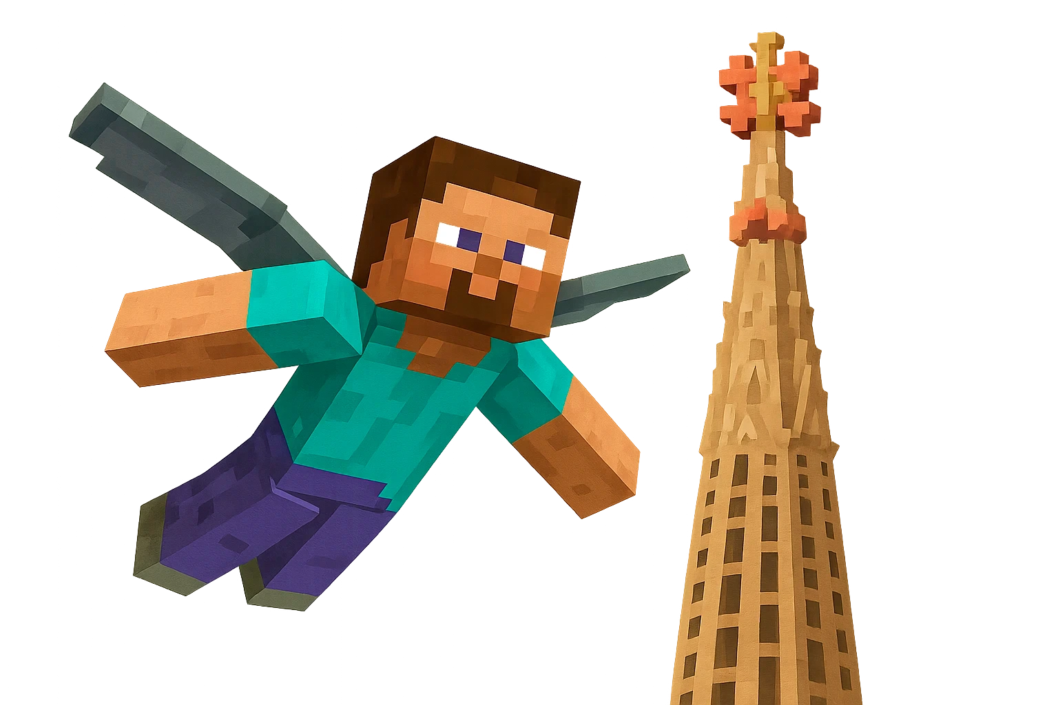 Steve sobrevolant la Sagrada Familia amb elytres